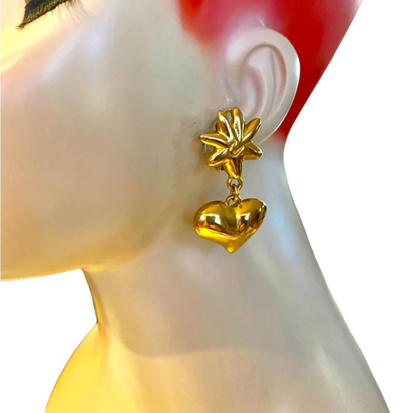 VINTAGE💗CHRISTIAN LACROIX HEART AND SUN GOLD DANGLE CLIP ON EARRINGS FROM 90’S - Picture 3 of 7